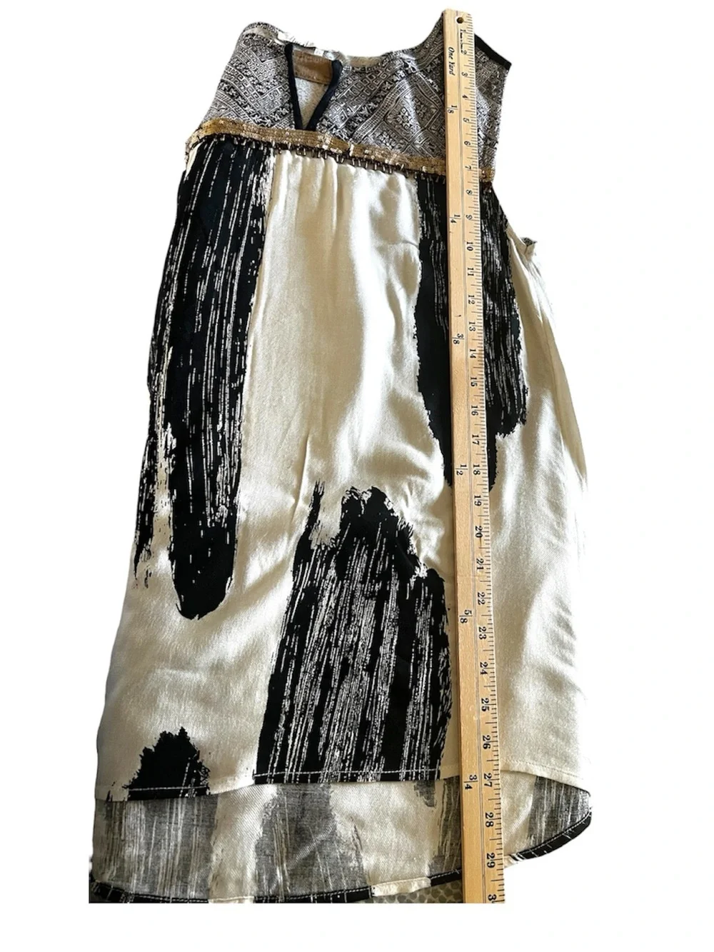 Free People Black and Cream Printed Sleeveless Blouse sequined in front.